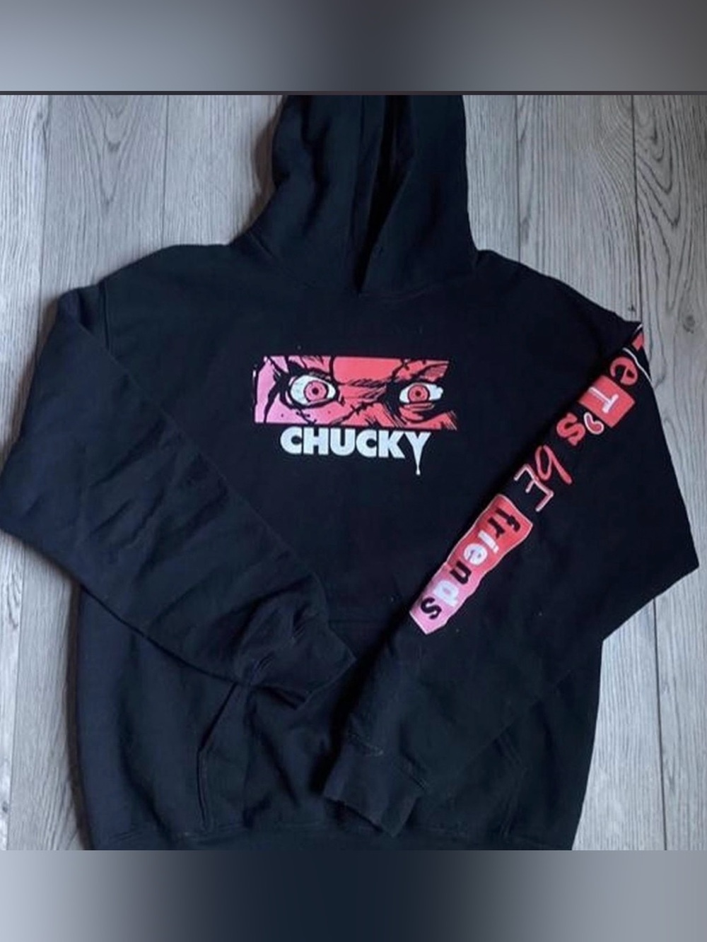 Chucky Graphic Black Hoodie with Pink & Red Eye Detail